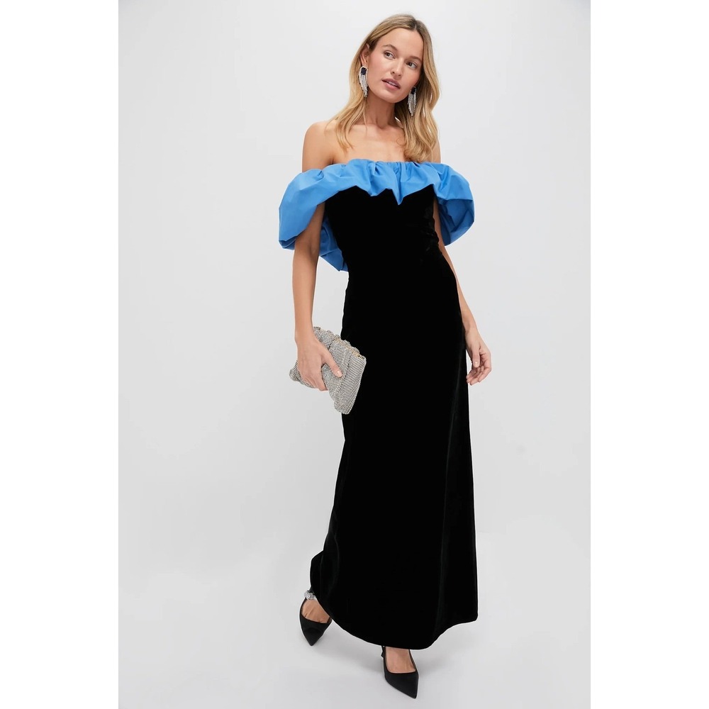 TUCKERNUCK Zanzibar Blue and Black Velvet Artemis Off Shoulder Maxi size 8